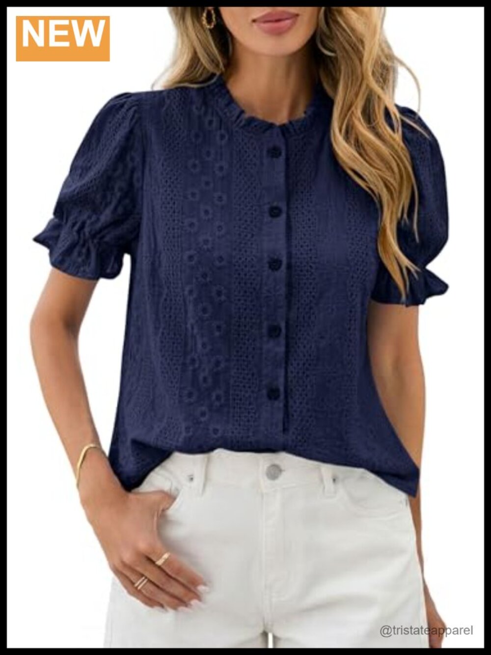 Women's Embroidered Puff Short Sleeve Top Cotton Button Down